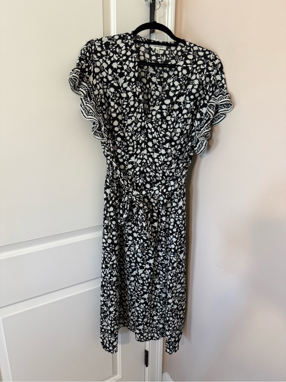 Max Studio Black and White Floral Wrap Midi Dress with Ruffle Sleeves